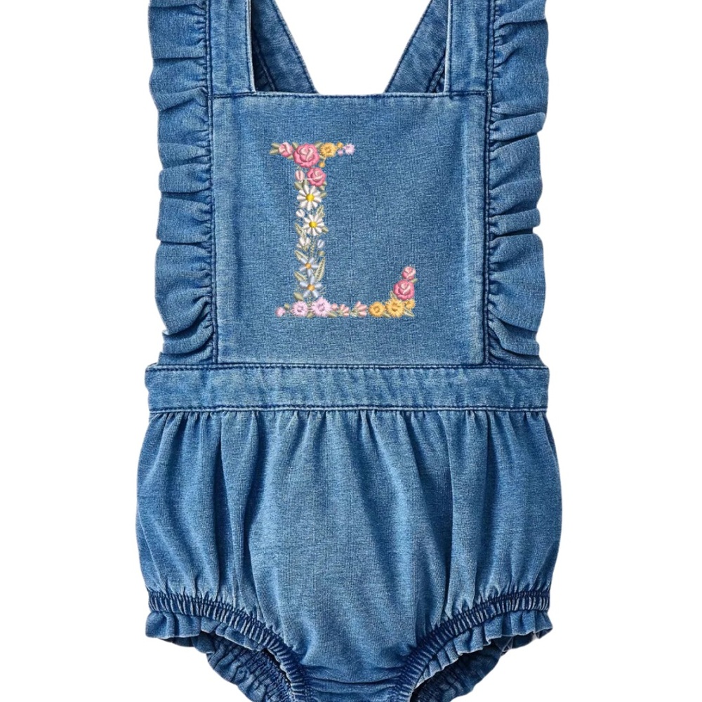 Blue Denim Baby Romper with Floral Embroidery